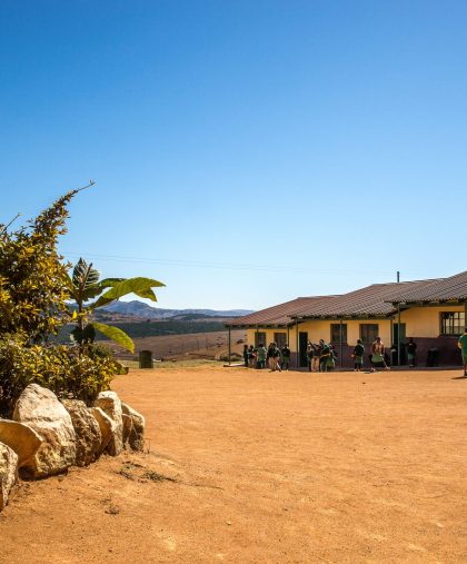 A wide angle shot of houses built on a dry field next to a few plants
